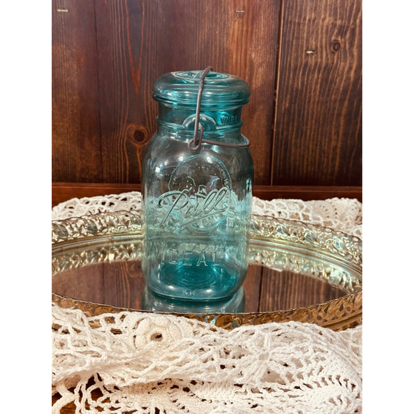 Vintage Ball Ideal Aqua Blue Glass Jar Bicentennial 1776-1976 Wire Bail Lid - Picture 2 of 10